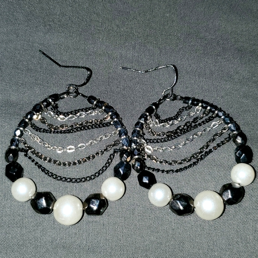 Unique black beads and faux freshwater pearl earrings